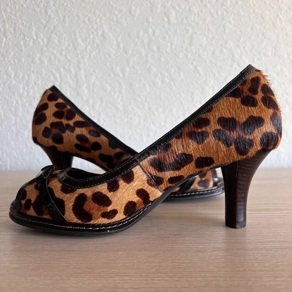 Leopard Calf Hair Peep Toe Heels Pumps Animal Print Chic Women Size 7